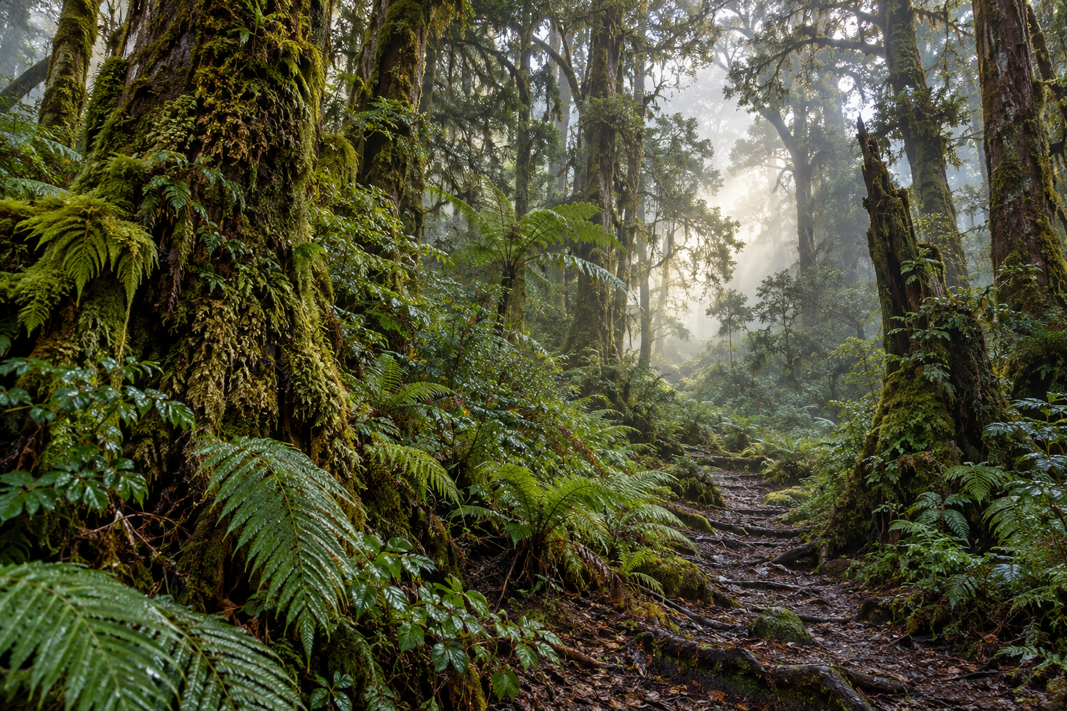 Imagen conceptual de un sendero entre helechos y árboles cubiertos de musgo.