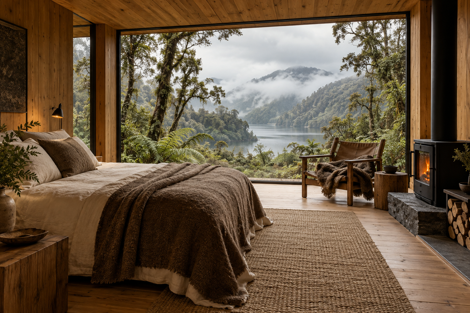 Imagen conceptual de un interior de madera con cama de lino y ventanal hacia el bosque.