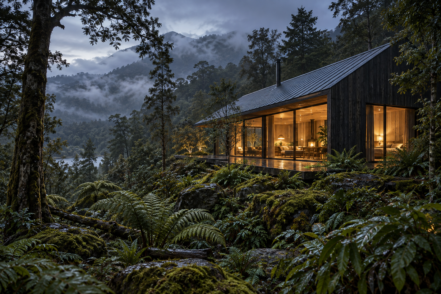 Imagen conceptual de una cabaña de madera entre bosque y montañas del sur de Chile.